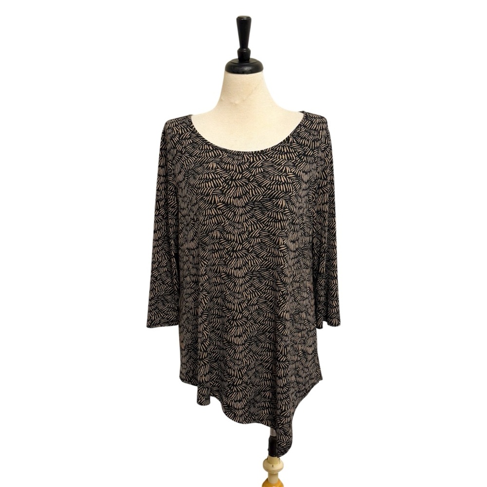 Clara Sun Woo Black Brown Round Neck 3/4 Sleeve Asymmetrical Hem A Line Tunic XL